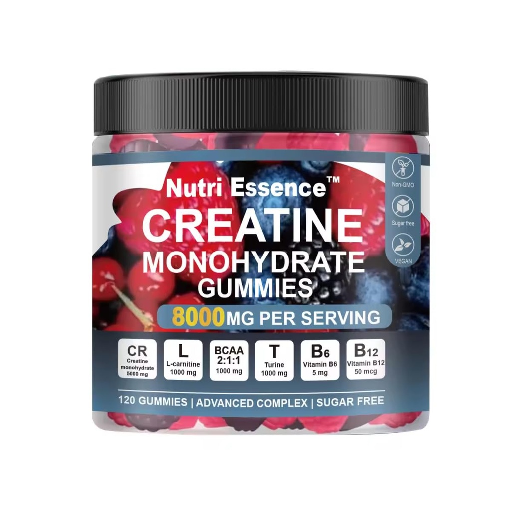 Creatine Monohydraat Gummies, Sugar Free Advanced Complex, 8000mg met BCAA, L-Carnitine, Taurine, B6, B12, 120 Tellen