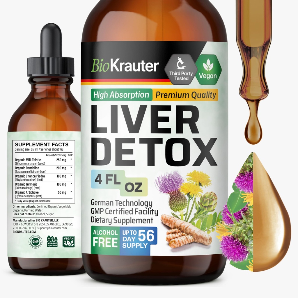BIO KRAUTER® Leverreiniging Detox & Repair* - Vegan Liquid Liver Support with Milk Thistle, Chanca Piedra, Turmeric, Dandelion Root & Artichoke 700 mg - 4 Fl.Oz 56-Day of Supply - Alcohol & Sugar Free