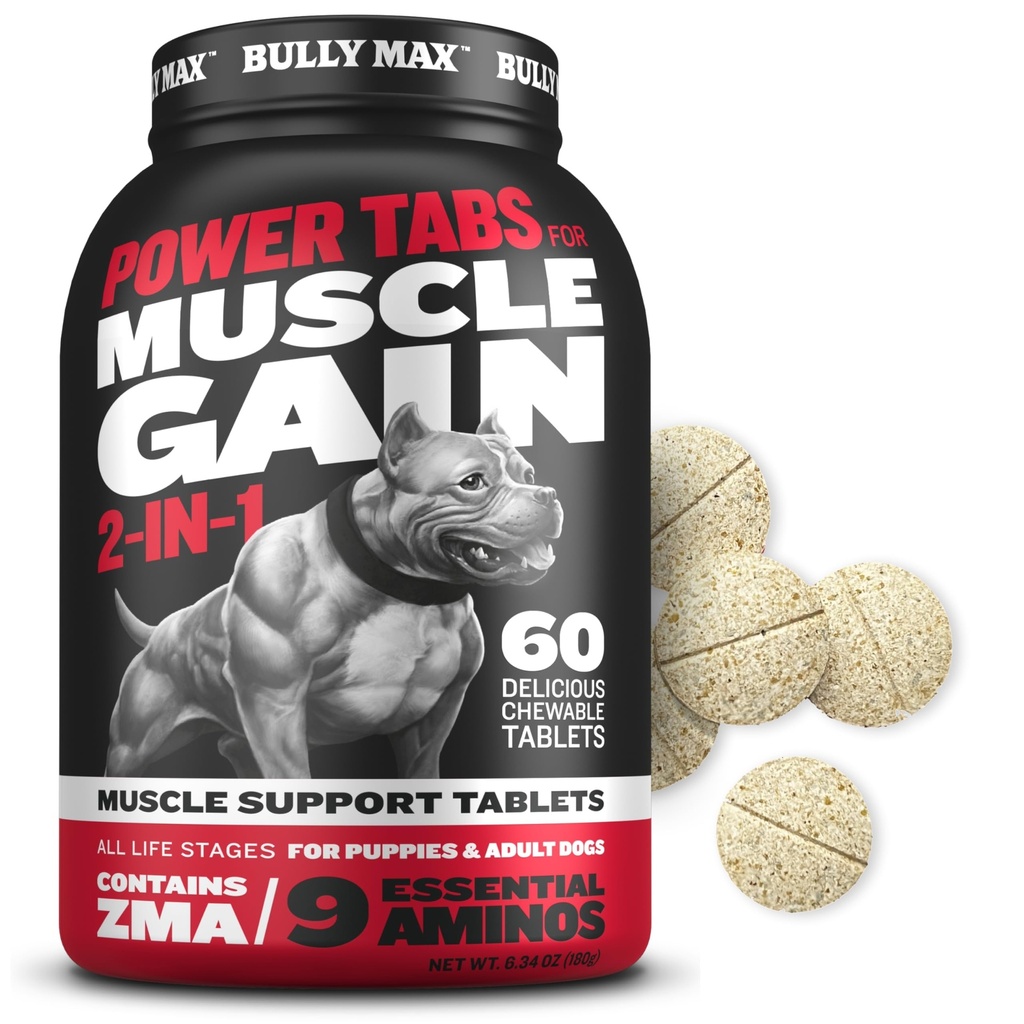 Bully Max 2-in-1 Muscle Builder Kauwtabletten voor puppies en volwassen honden - Puppy- en hondenvitaminen en -supplementen voor spiergroei en -groei - Ultimate Canine Multivitaminen voor alle rassen en leeftijden - 60 Tabs