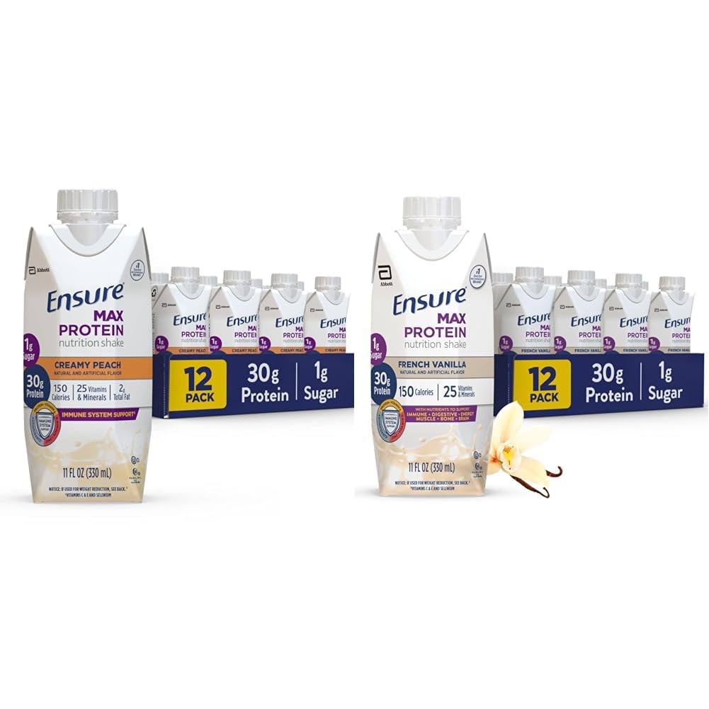 Zorg ervoor dat Max Proteine Voeding Schudden met 30g eiwit, 1g suiker, High Proteine Shake, Creamy Peach & French Vanilla, Liquid, 11 fl oz (verpakking van 12)