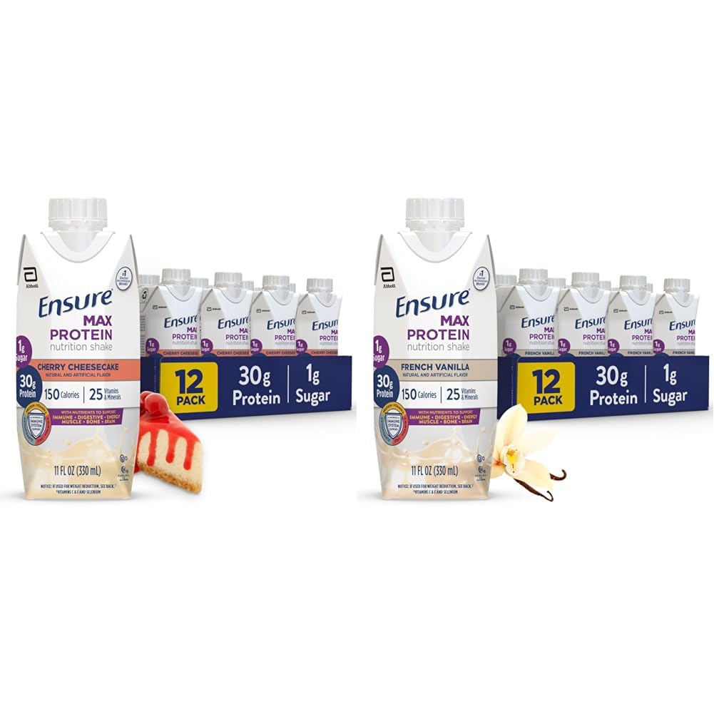 Zorg ervoor dat Max Protein Nutrition Shake met 30g Proteïne, 1g Suiker, High Protein Shake, Cherry Cheesecake & French Vanilla, 11 fl oz, Pack van 12