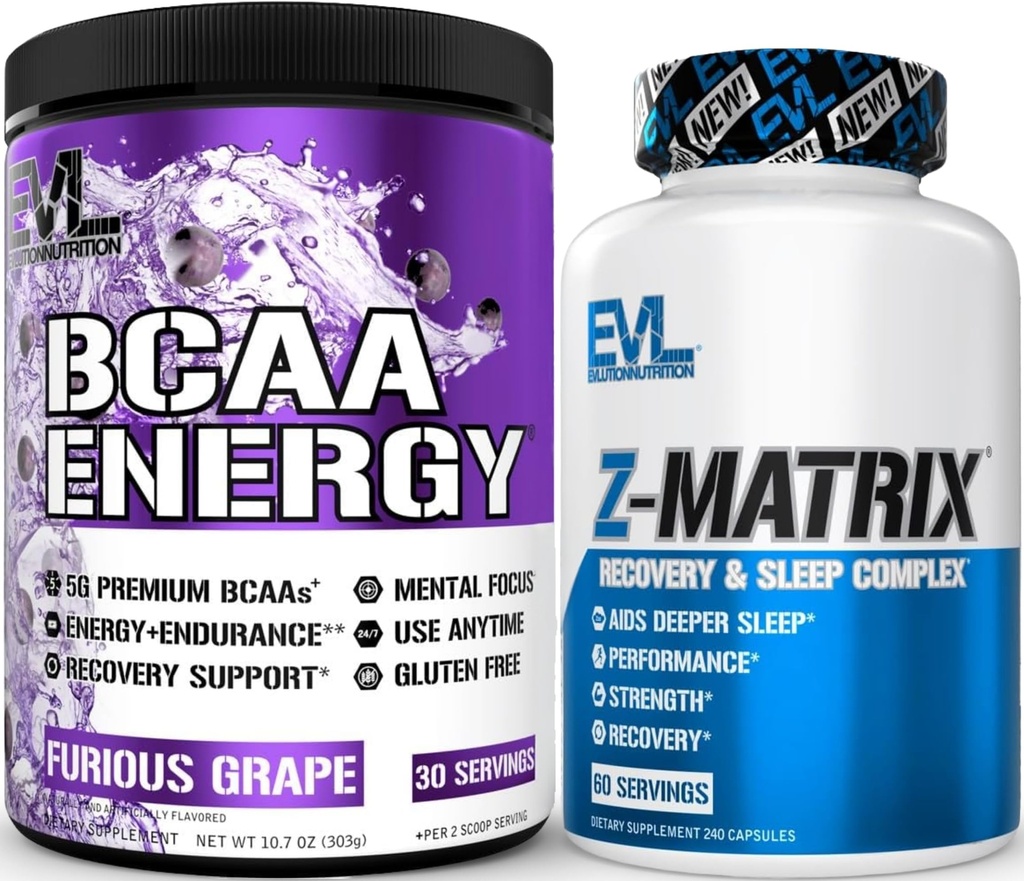 Evlutie ZMatrix Magnesium en Zink Post Workout Supplement (60 Servings) Plus Replenishing BCAA's Aminozuren Powder for Pre & Post Workout (Grape, 30 Servings)