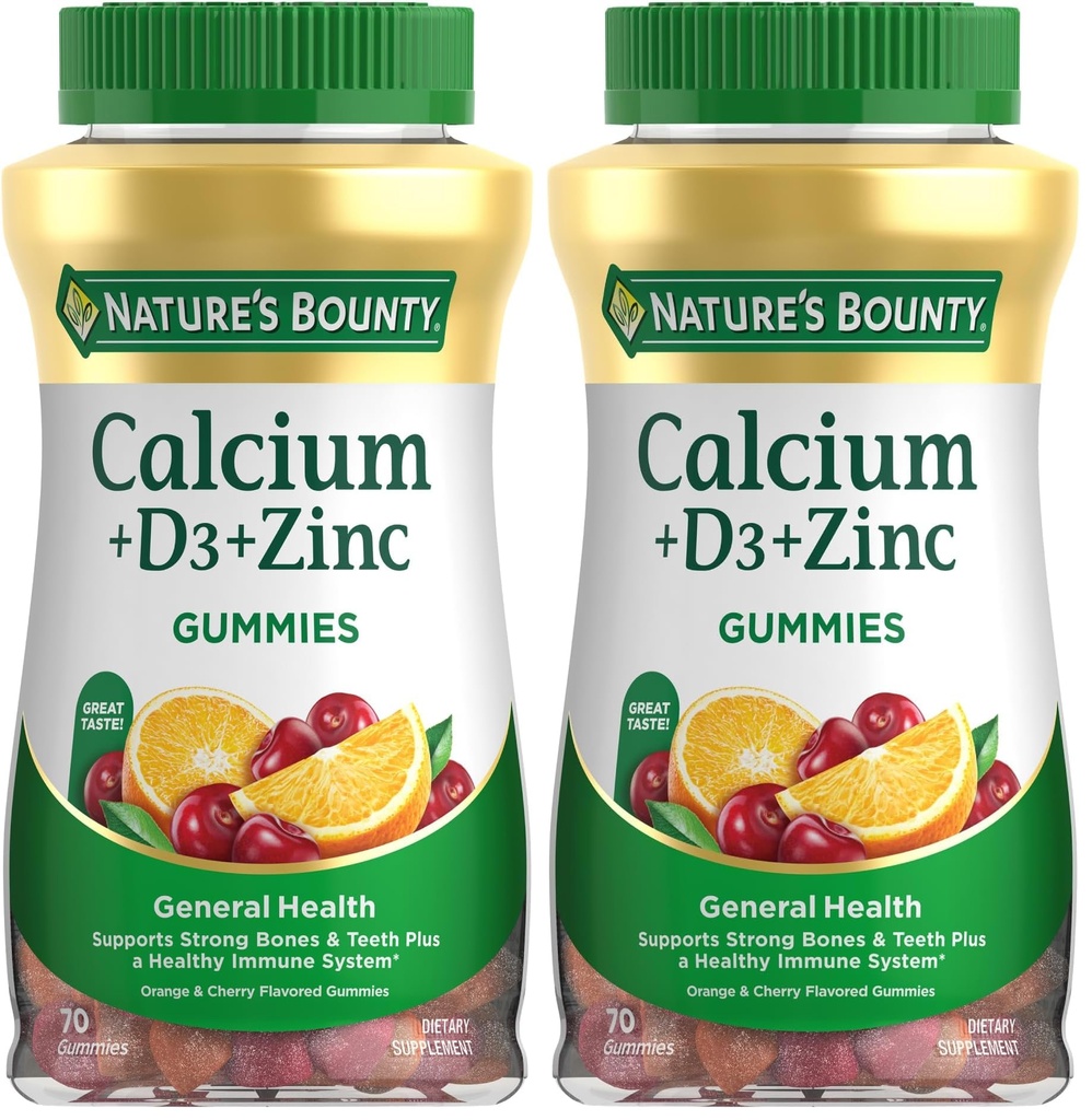 Nature's Bounty Calcium + D3 + Zink Gummies, ondersteunt sterke botten & tanden Plus een gezond immuunsysteem, 500 mg, sinaasappel en kersen smaak, 70 Gummies (pakket van 2)