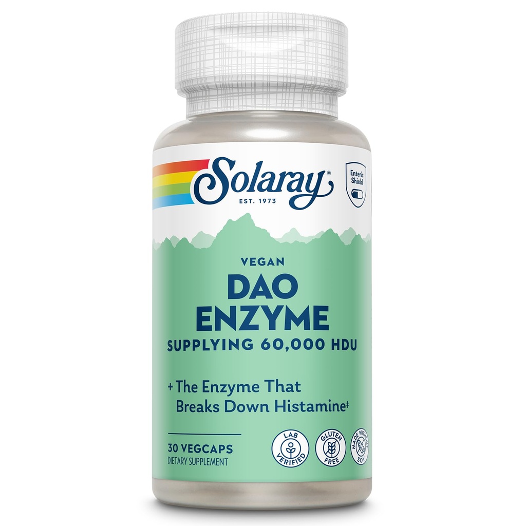 SOLARAY DAO Enzyme - Decompensative Enzyme that Breakers Down Histamine - 60.000 HDU - Decompensative Enzymes - Vegan, Gluten Free, Lab Geverifieerd - 30 Servers, 30 VegCaps
