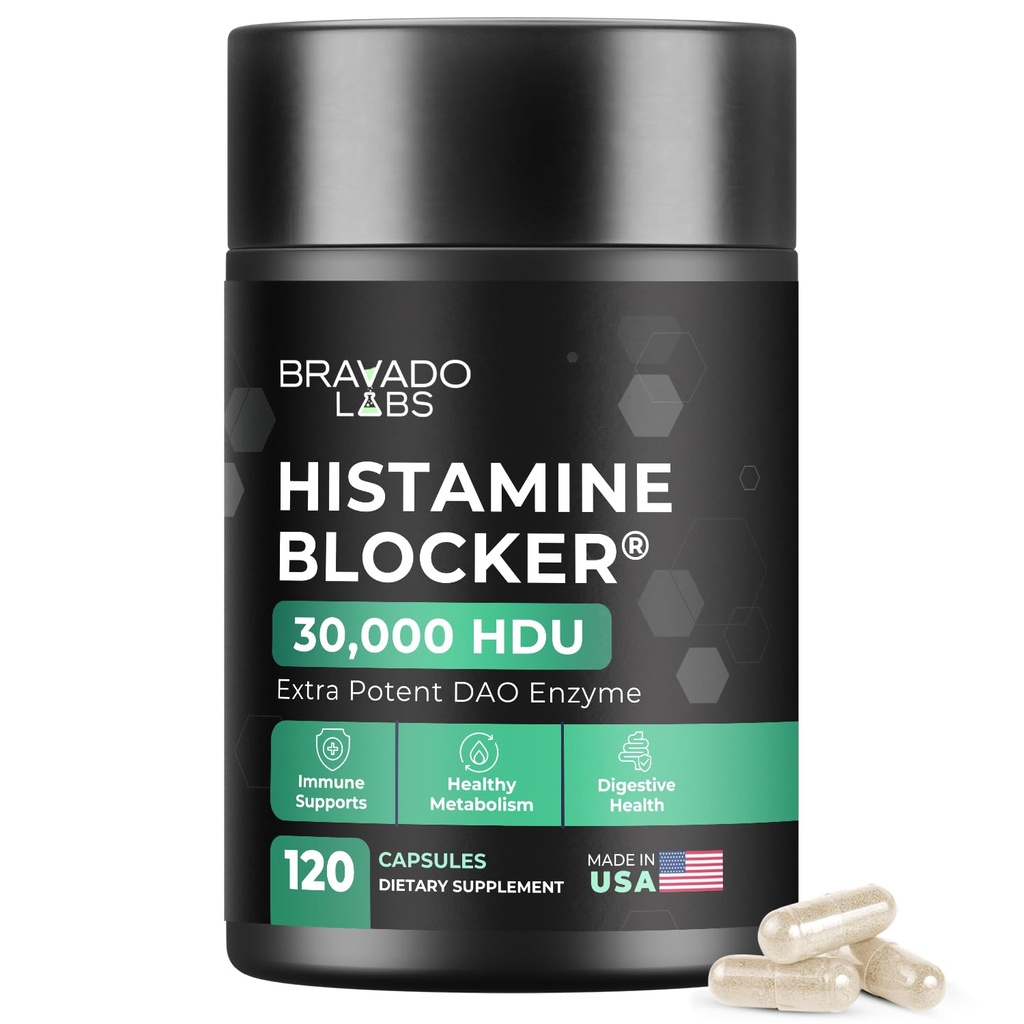 Bravado Labs DAO Supplementen Histamine Blocker - Extra Sterkte 30.000 HDU DAO Enzyme + Diamine Oxidase & Vitamine C voor Dagelijks Histamine Metabolisme & Immuun Ondersteuning - 120ct