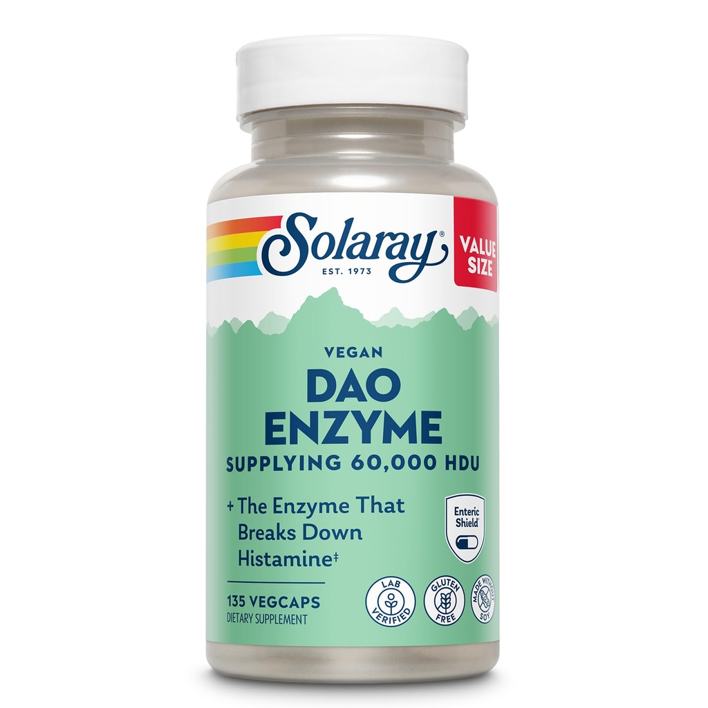 SOLARAY DAO Enzyme - Decompensative Enzyme that Breaking Down Histamine - 60.000 HDU - Decompensative Enzymes - Vegan, Gluten Free, Lab Verified - 135 Servings, 135 VegCaps