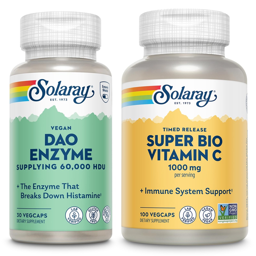 SOLARAY DAO Enzyme en Super Bio Vitamine C 1000mg - Digestieve enzymen om Histamine af te breken - Getimede release VIT C w/Bioflavonoïden Immuun Ondersteuning Supplement, Vegan, 60-dagen garantie, 30/50 porties