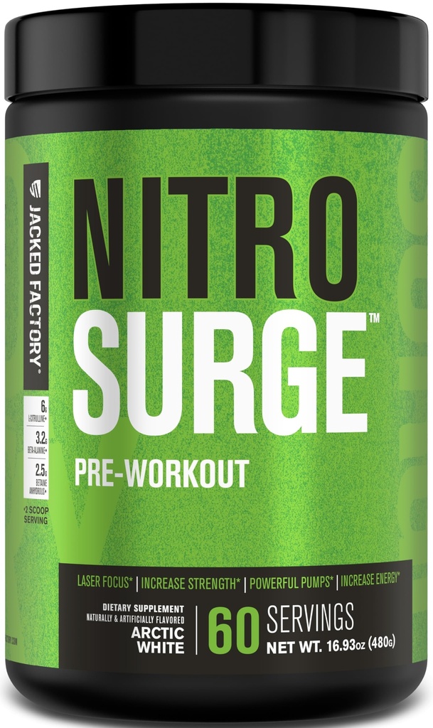Jacked Factory NITROSURGE Pre workout supplement - eindeloze energie, instant kracht winsten, duidelijke focus, intense pompen - NO Booster & krachtige preworkout energiepoeder - 60 porties, Noordpool wit