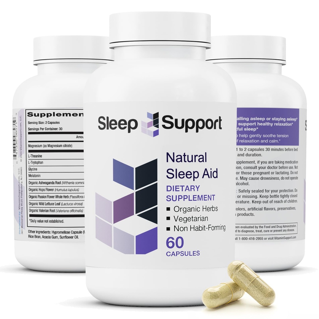 SleepSupport - Natuurlijke slaaphulp voor volwassenen om te helpen kalmeren en ontspannen - Biologische slaapsupplement met Ashwagandha, Valeriaan wortel, Magnesium, Melatonine, Glycine, L-Tryptofaan - 60 capsules
