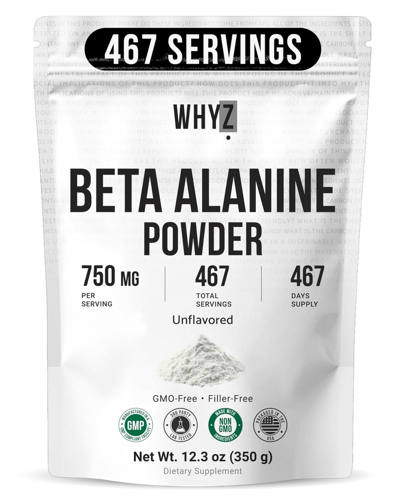 Whyz Beta Alanine Powder Pure Beta Alanine Pre-Workout Supplement for Sustained Energy for Men and Women, Alanine Supplement for Endurance, 467 Servings, 350g (12,3 lb)