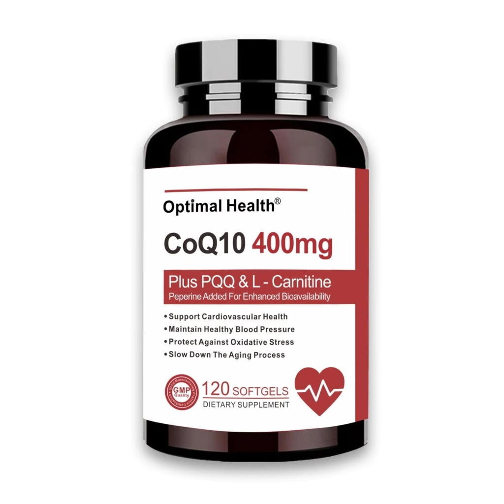 CoQ10 400 mg Softgels, BioPerine for Better Absorptie + L-Carnitine, PQQ & Omega3s, Antioxidant for Heart Health & Energy Production, Coenzyme Q10 Vitaminen en Supplementen, 120 porties