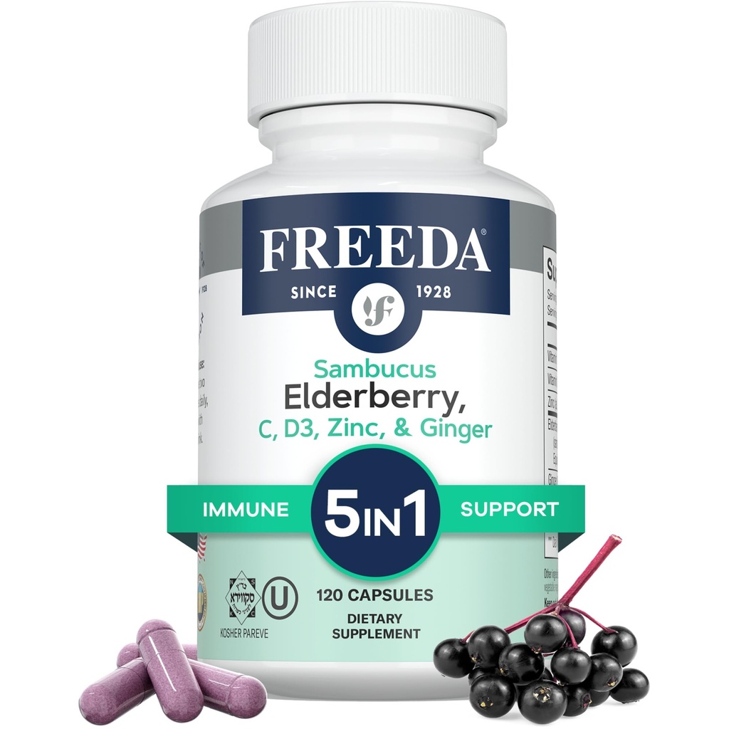 FREEDA Sambucus Vlierbes met vitamine C, zink, vitamine D3 en gember - 5 in 1 Kruidenantioxidant Immune Ondersteuningssupplement voor vrouwen en mannen - Glutenvrije volwassen vlierbessen Capsules, USA Made (120 Tel.)