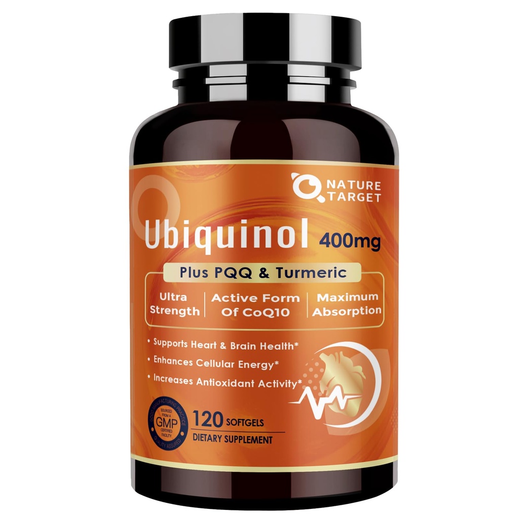 Nature TARGET Ubichinol CoQ10 400 mg softgels met PQQ & Turmeric, High Absorptie Coenzyme Q10 Supplement met ALA & Black Pepper, Antioxidant voor Hart & Brain Health, Energieproductie, 120 Tel.