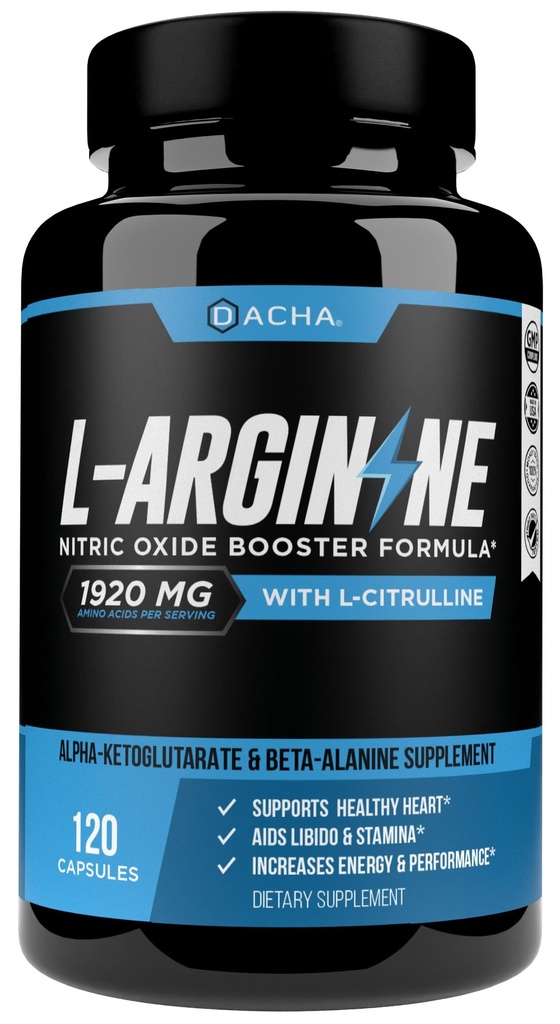 DACHA Premium L Arginine Pillen 1920 MG - 120 VCAPS AAKG Nitric Oxid Precursor, L-Citrulline HCL, Beta Alanine, essentiële aminozuren voor energie, spiergroei, hart- en vaatziekten en uithoudingsvermogen