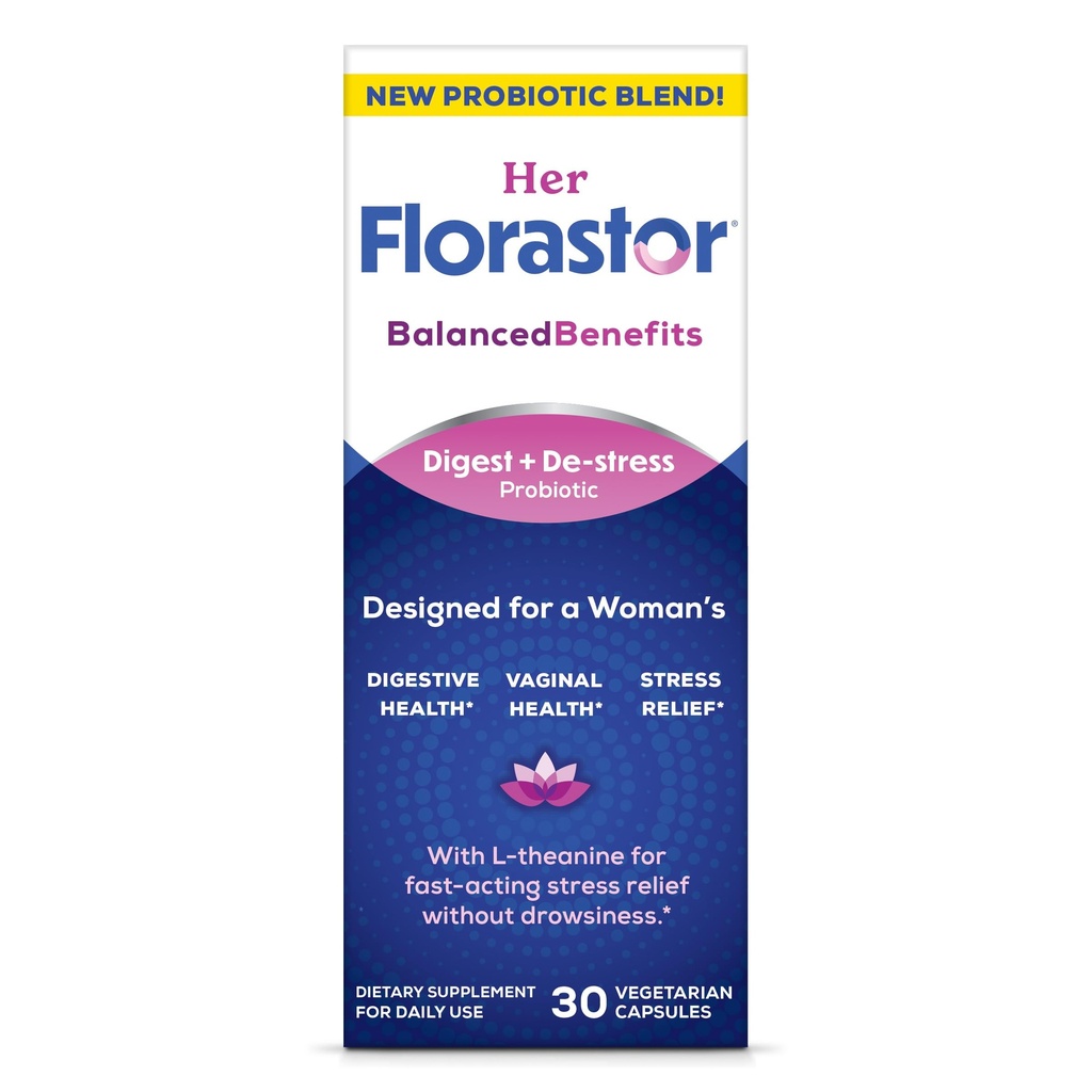 Florastor Probiotica voor vrouwen, Digest en De-Stress, Probiotica voor de spijsvertering van de gezondheid, Vaginale Probiotica, en L-Theanine voor geest en lichaamswelzijn, 30 capsules