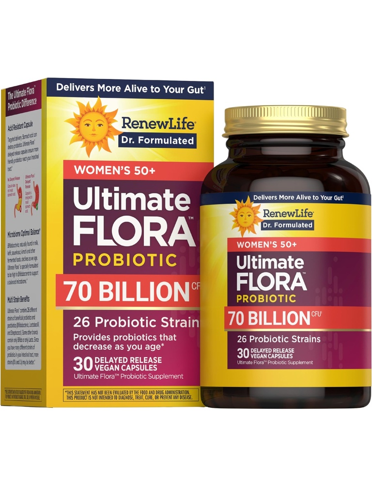 Renew Life Ultimate Flora Probiotics for Women 50+70 Miljard CFU Delayed Release Vegan Capsules Vaginale 