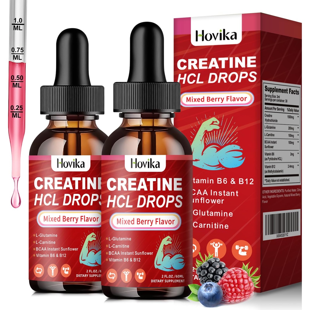 Creatine HCL Liquid Drops for Men & Women, Creatine Hydrochloride with L-Carnitine, L-Glutamine, BCAA, Vitamin B12 & B6 for Muscle Growth & Recovery-Vegan, Mixed Berry Flavor Flavor, 4 Fl Oz