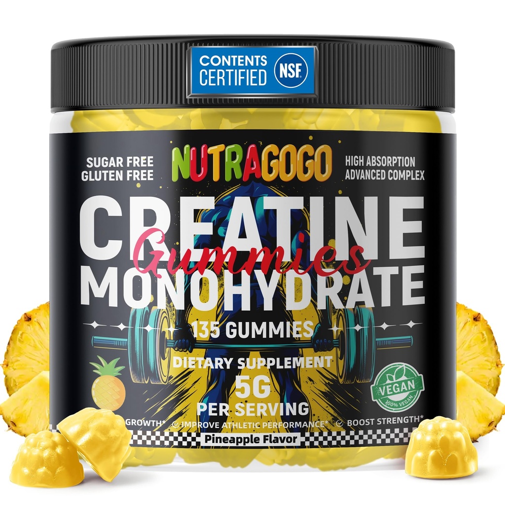 NSF Certified Creatine Gummy - Createine Monohydraat Gummies for Men & Women-5g of Createine Monohydraat per Serving - Sugar Free,Vegan, Ananas Electrolyte Chews, 135 Tel.