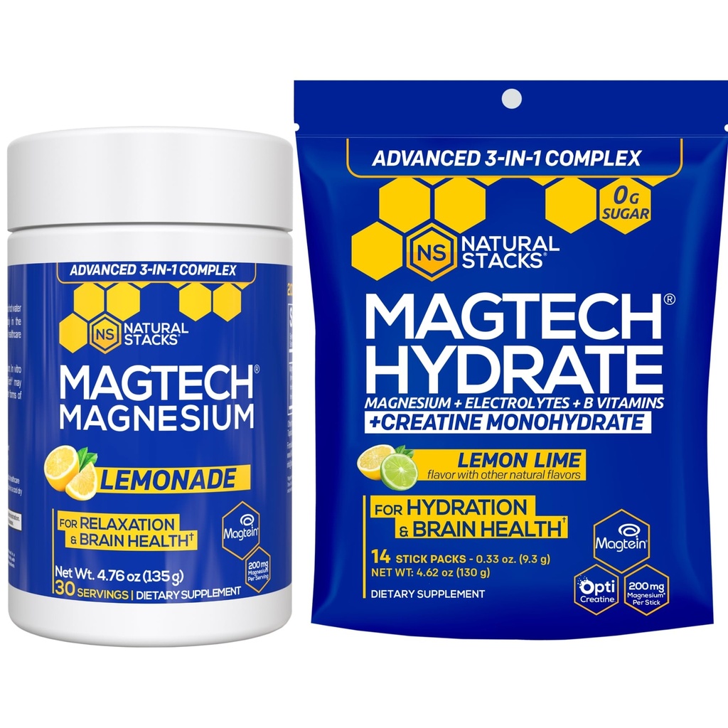 Magtech Magnesium Limonade & Magtech Hydration Powder with Creatine - Sugar Free Magnesium Powder - Supports Hydration & Brain Health - 44 Total Servings