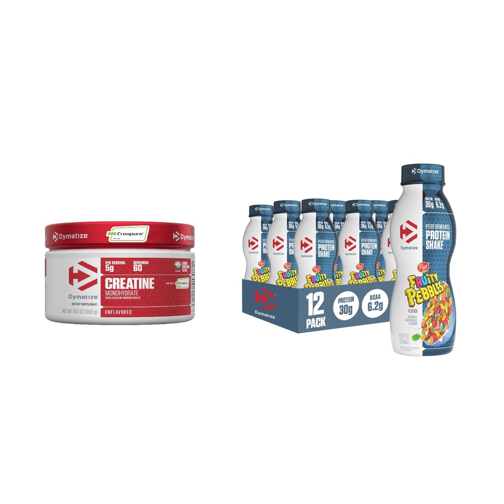 Bundel van Dymatize Performance Protein Shake, Fruity Pebbles (12 pack) + 100% Creatine Monohydraat met Creapure (60 Servers)