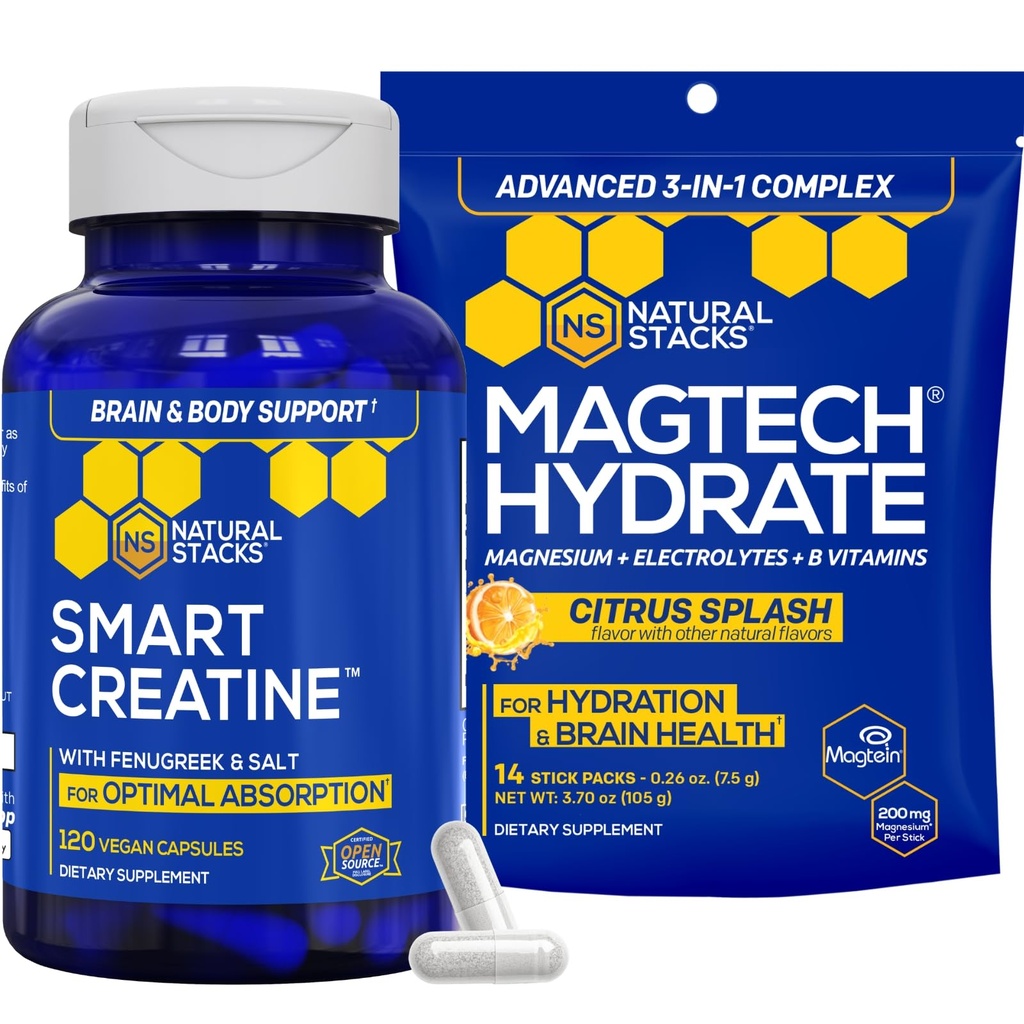 NATUURLIJKE STAKKEN Creatine Monohydraat & Magtech Hydrate Bundle - 2500mg Creatine + 200mg Elemental Magnesium Per Serving - Ondersteuning Hydration, Brain Health & Endurance - 44 Total Servings