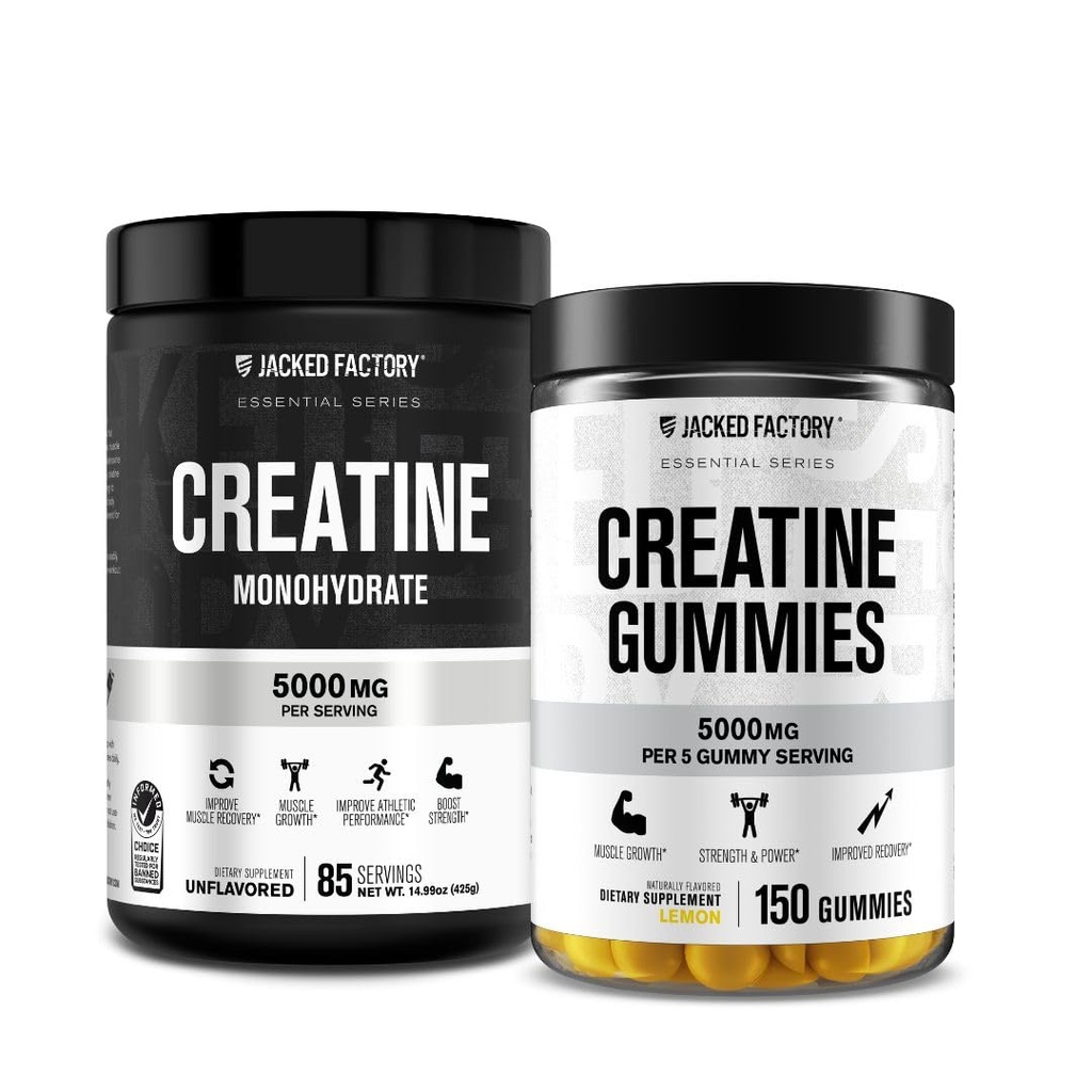 Ge Jacked Factory Creatine Monohydraat Gummies (150 Gummies, Citroen) & Createine Monohydraat Poeder (85 Serves, Unflavored)