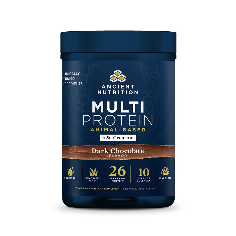 Ancient Nutrition Multi Protein Animal Based Powder + Creatine, 26g Proteïne, Grass Fed Wei, Bone Broth, Collageen Peptiden, 5g Creatine Monohydraat, Colostrum & Probiotica, Dark Chocolate, 15 Servers