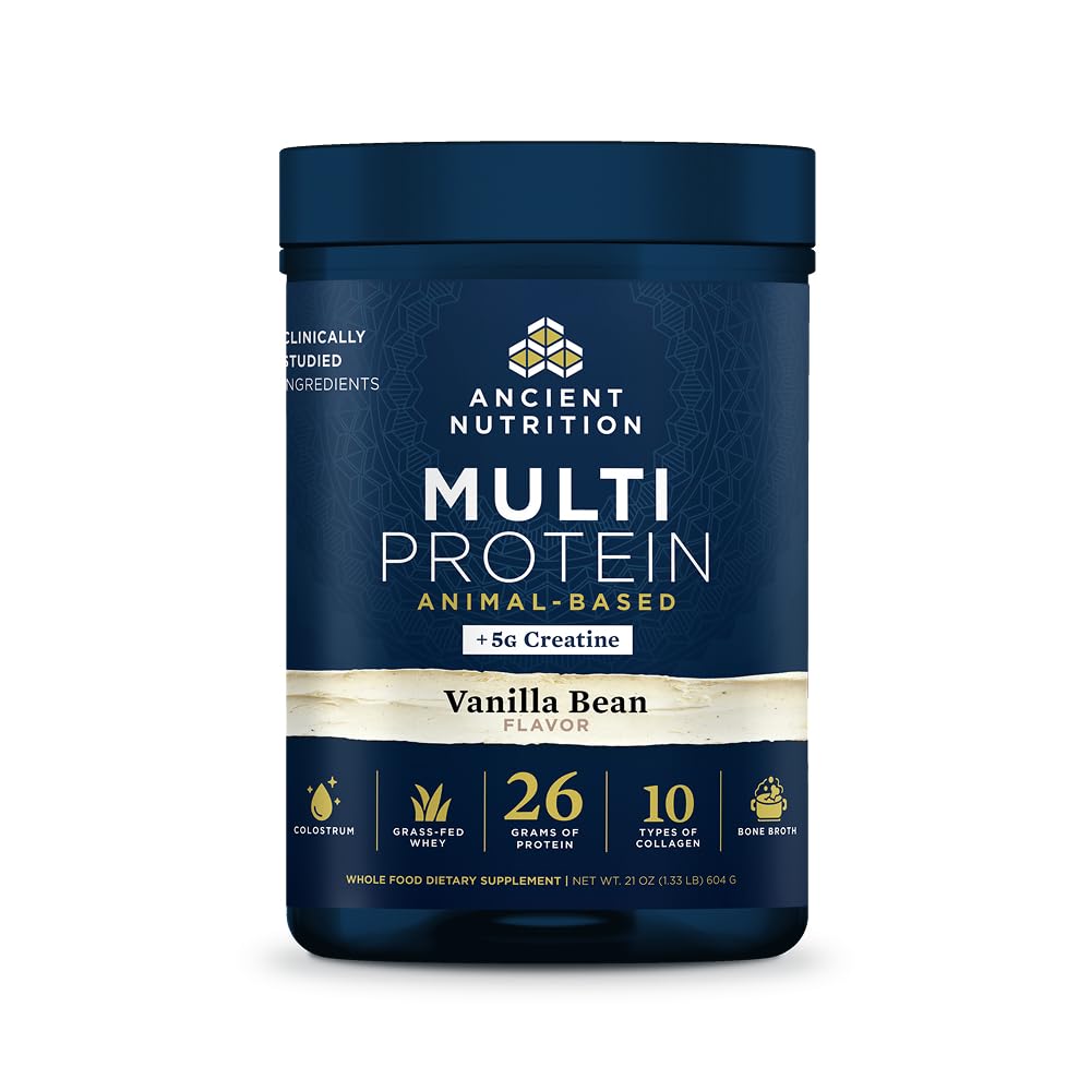 Ancient Nutrition Multi Protein Animal Based Powder + Creatine, 26g Proteïne, Grass Fed Wei, Bot Broth, Collageen Peptiden, 5g Creatine Monohydraat, Colostrum & Probiotica, Vanille Bean, 15 Servers