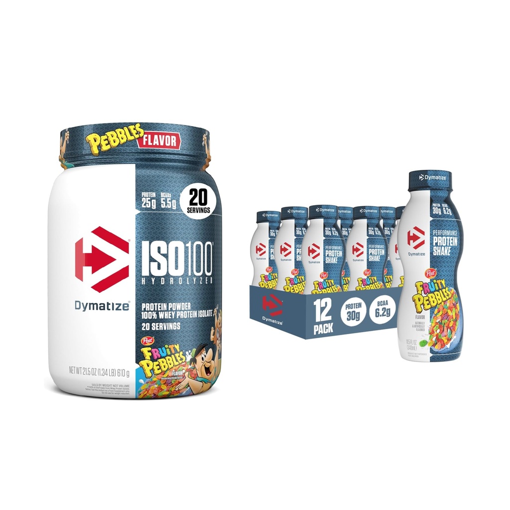 Bundle of Dymatize Performance Protein Shake, Fruity Pebbles (12 pack) + ISO100 Wei Proteine Powder Isolaat, Fruity Pebbles (20 Servers)
