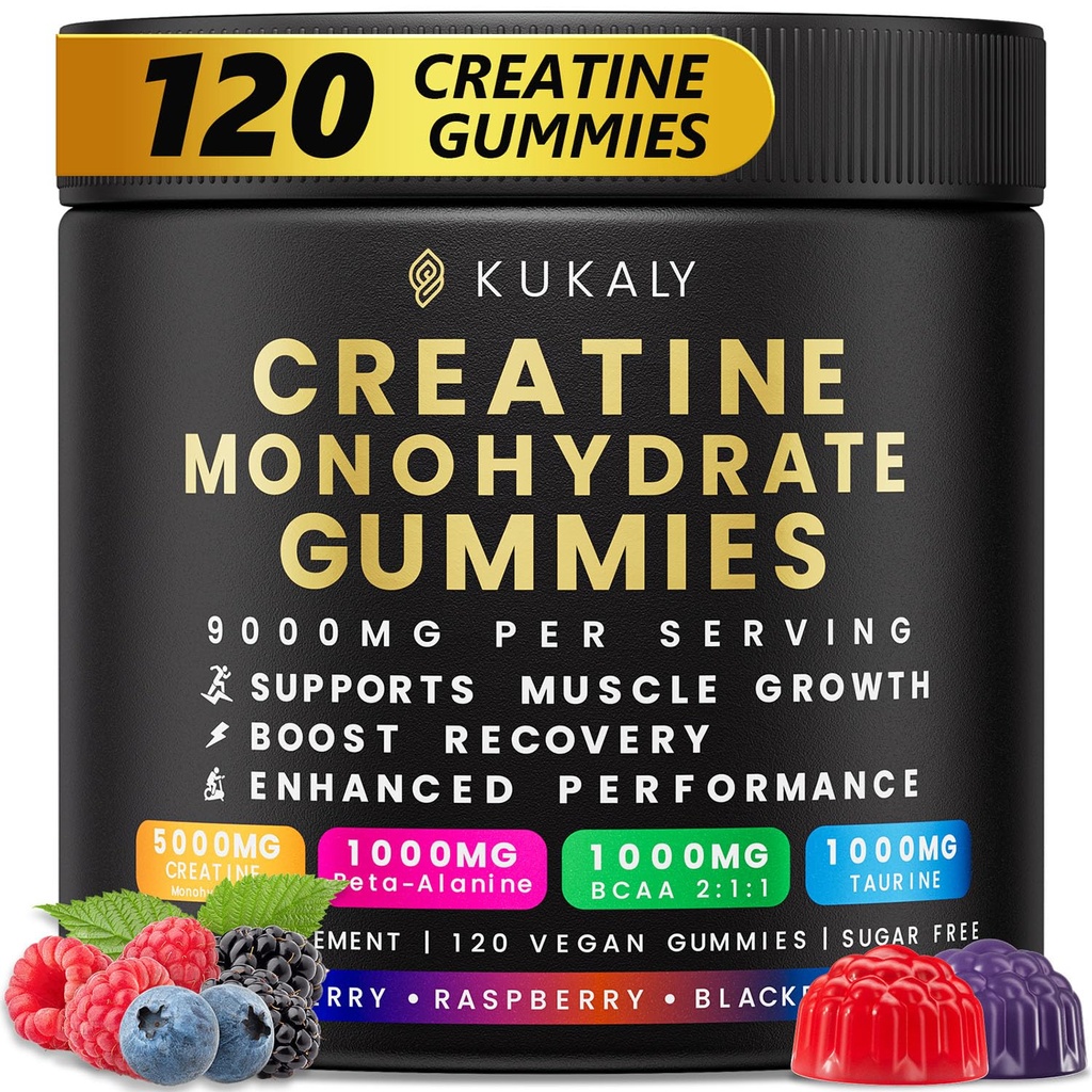 KUKALY Creatine Monohydraat Gummies for Men & Women, 9000MG Creatine Gummies Sugar Free - Mixed Flavored with L-Taurine, BCAA 2:1, B12 B6 for Boost Strength, Focus & Endurance, Vegan, Non-GMO, 120st