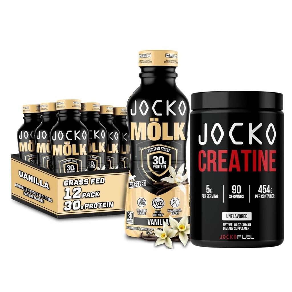 Jocko Mölk Grass Fed Proteine Shakes - klaar om te drinken (pakket van 12) Vanille + Jocko Creatine
