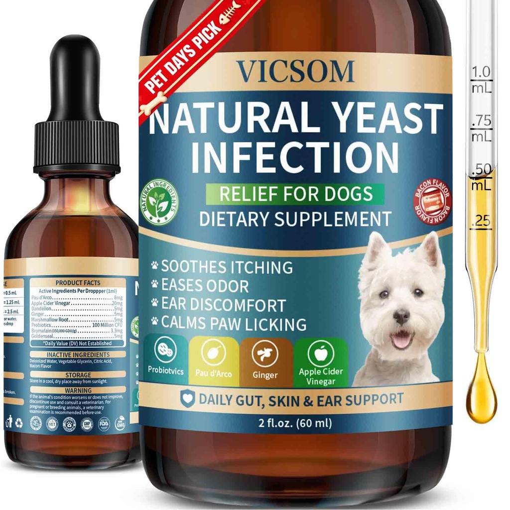 VICSOM natuurlijke hond Gistinfectie behandeling voor honden, jeukende huid & oor behandeling natuurlijke ondersteuning Allergie verlichting, hond Gist infectie verlichting, ondersteuning irritatie, jeuk & ontsteking 60 ml