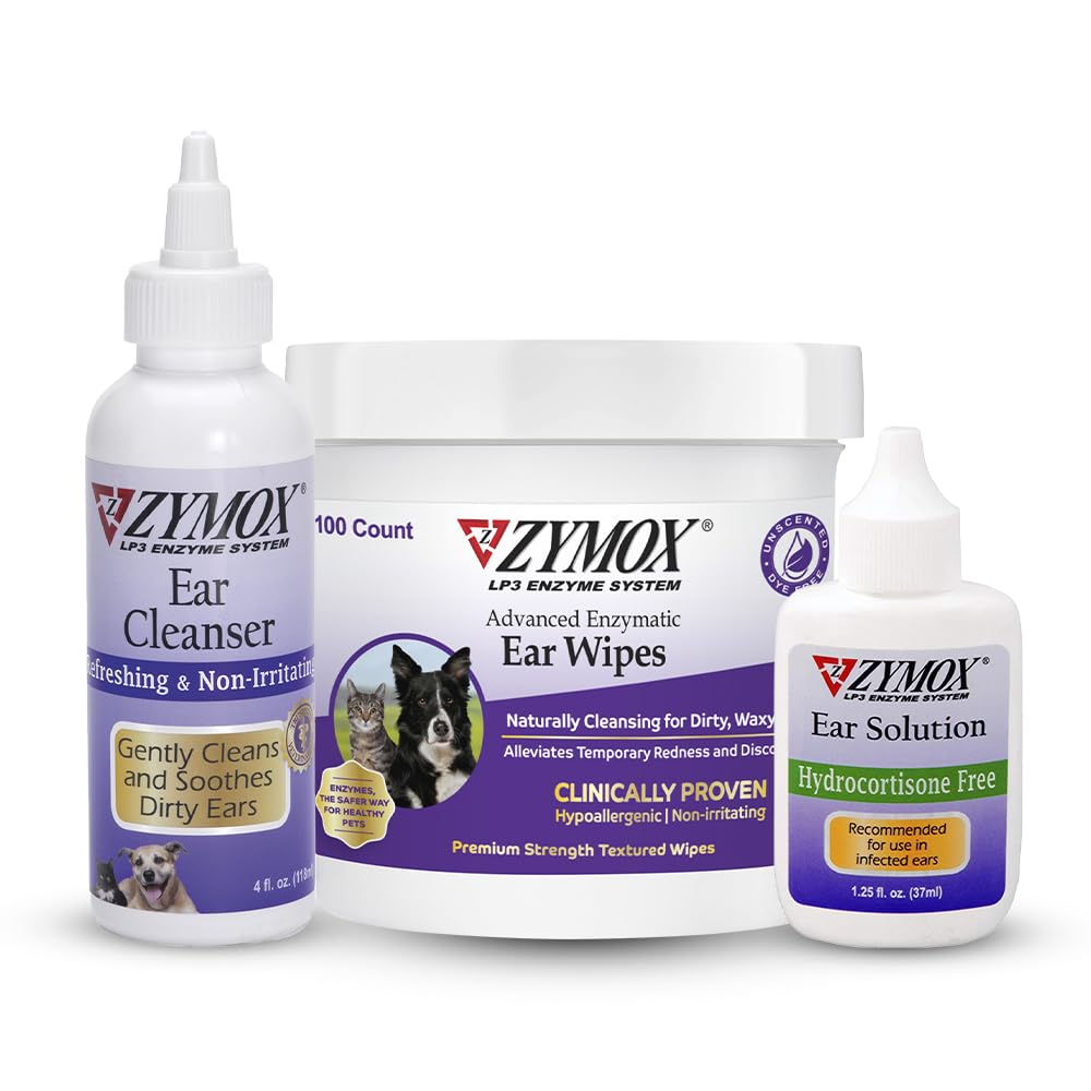 Zymox Enzymatic Ear Wipes, Ear Cleanser, & Ear Solution Without Hydrocortison for Dogs and Cats - Product Bundle - for Dirty, Waxy, Smelly Ears and to Soothe Oorinfecties
