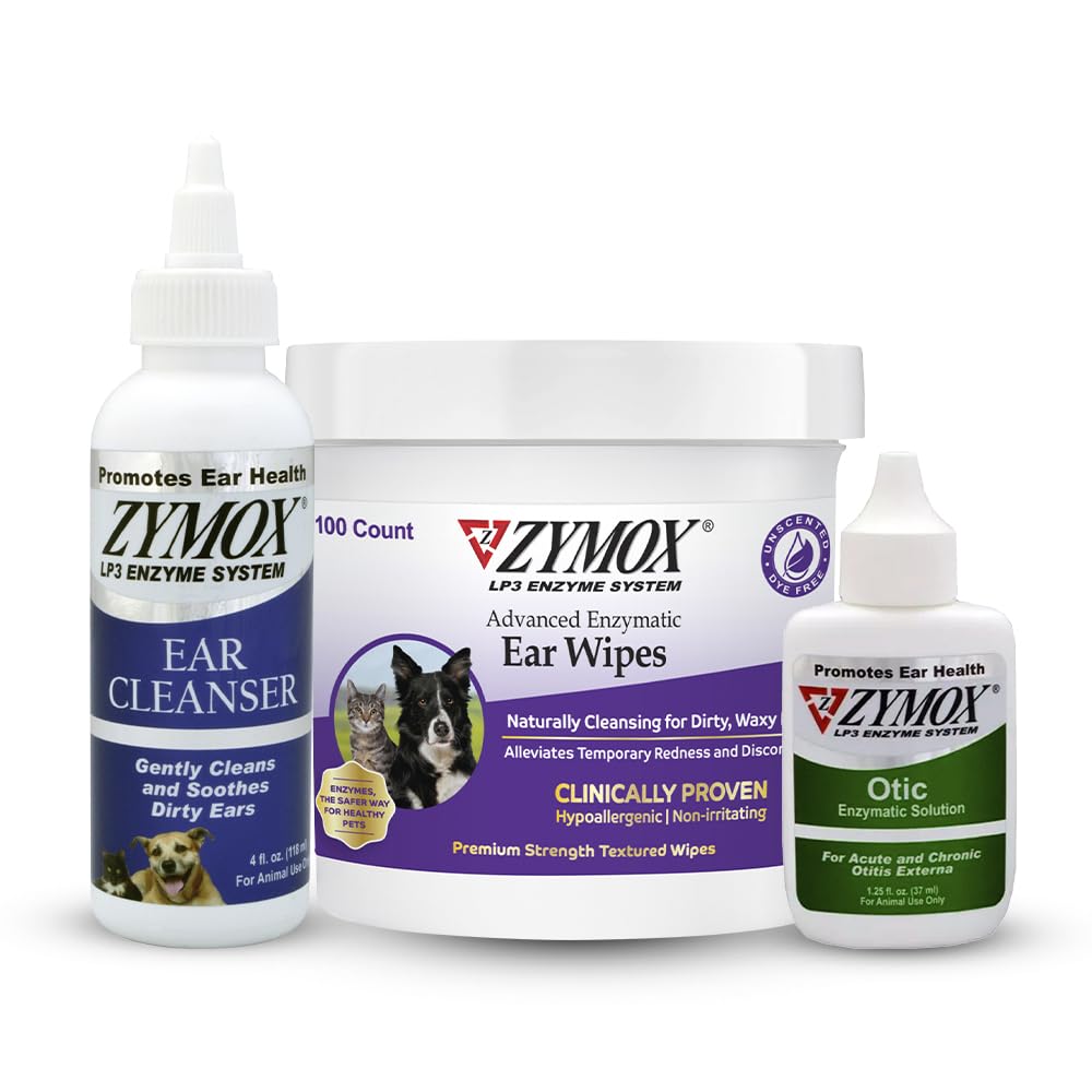 PET KING BRANDS ZYMOX Enzymatic Ear Wipes, Ear Cleanser, & Otic Ear Solution for Dogs and Cats - Product Bundle - for Dirty, Waxy, Smelly Ears and to Soothe Ear Infections, 100 ct, 4 oz and 1.25 oz