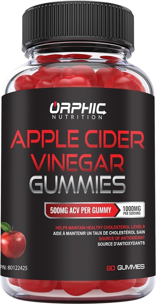 ORPHIC NUTRITION Apple Cider Vinegar Gummies - 1000mg - ACV gewichtsverlies Gummies - Ondersteunt spijsvertering, ontgifting en reiniging - VIT B12, rode bieten - Gomitas de Vinagre de Manzana (60 st.)