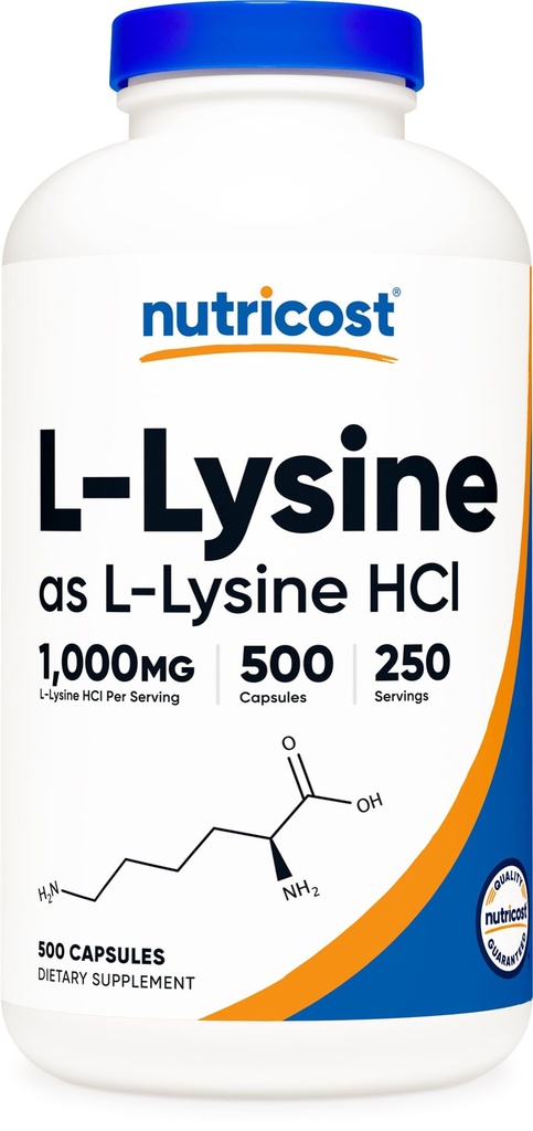 Nutricost L-Lysine 1000mg per portie, 250 porties, 500 capsules - Glutenvrij, Non-GMO, 500mg per capsule