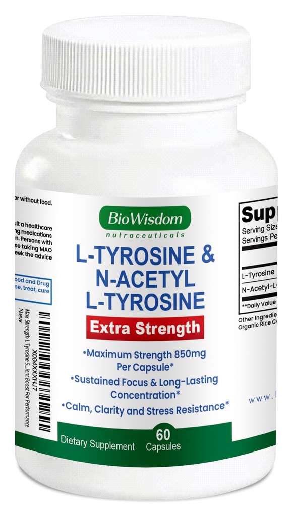 Max Strength L Tyrosine Supplement & N Acetyl L Tyrosine Peak Focus, Alertheid, Concentratie, Lichaam en Geest Energie. L-tyrosine 850 mg per 1 capsule. Een Well-Being Nutriënt Boost voor prestaties