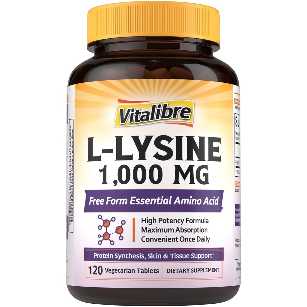 Vitalibre L-Lysine 1000 mg, High Potency L-Lysine HCl, Free Form Essential Amino Acid, Protein & Collageen Synthesis, Immune Support, Maximale Absorptie, Vegan, 120 tabletten