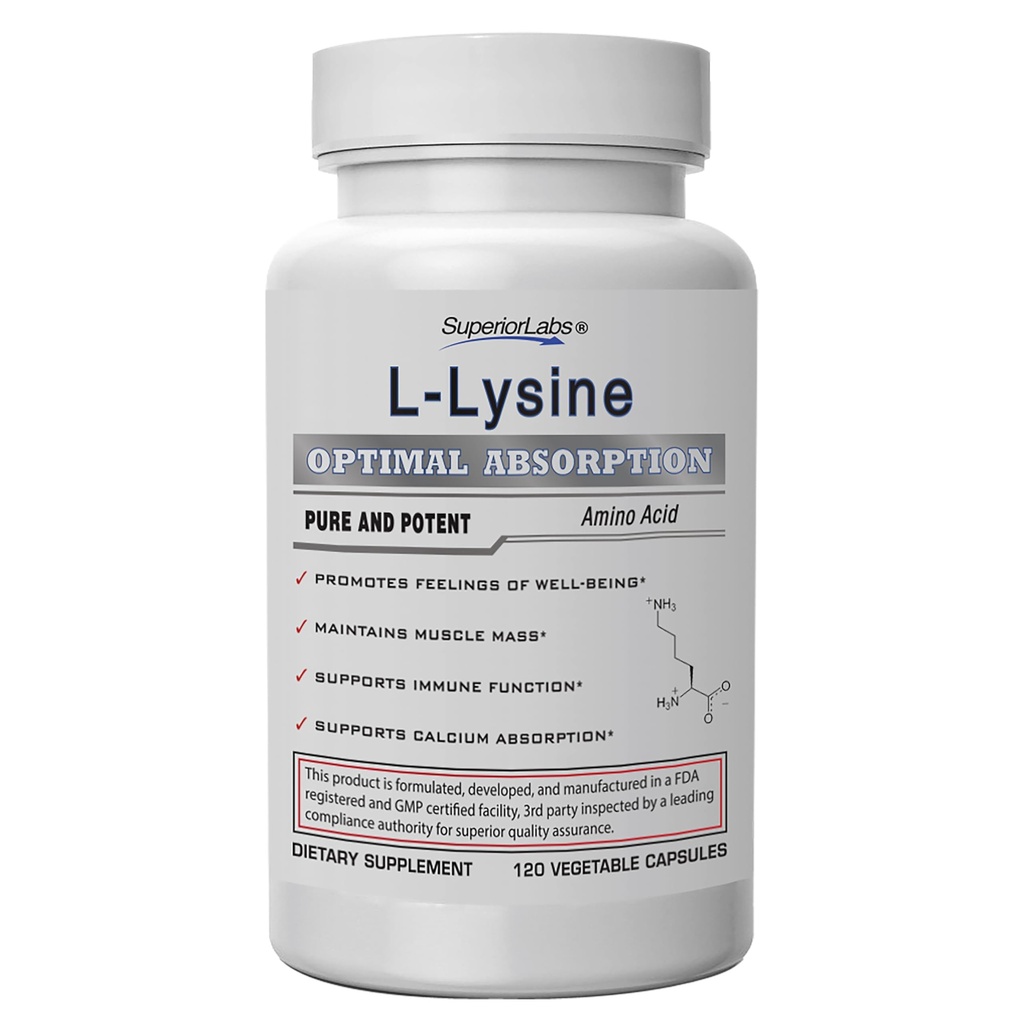 Superior Labs L-Lysine 500 mg Capsules, Pure Non-GMO, Derde Geteste Partij, Geen Fillers, Glutenvrij, Ondersteunt Immune System, Bevordert Calcium Absorptie, 120 Caps