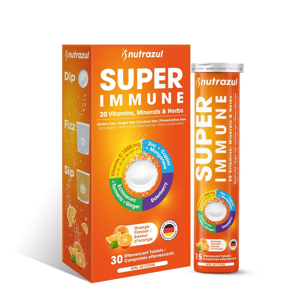 nutrazul Super Immune 30 Bruistabletten, 20 Vitaminen en Mineralen, Kruidenextracten ter ondersteuning van dagelijkse Routine, Vitamine C, Zink, Vlierbes & Echinacea, Glutenvrije, Suikervrije, Oranje smaak