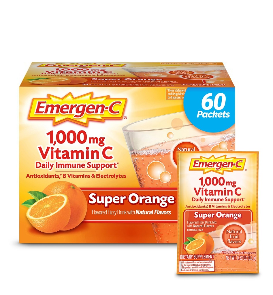Emergen-C 1000mg vitamine C poeder voor dagelijkse Immune ondersteuning Cafeïnevrije vitamine C supplementen met zink en Mangaan, B vitamines en Electrolyten, Super Orange smaak - 60 Tel/2 Maand Levering