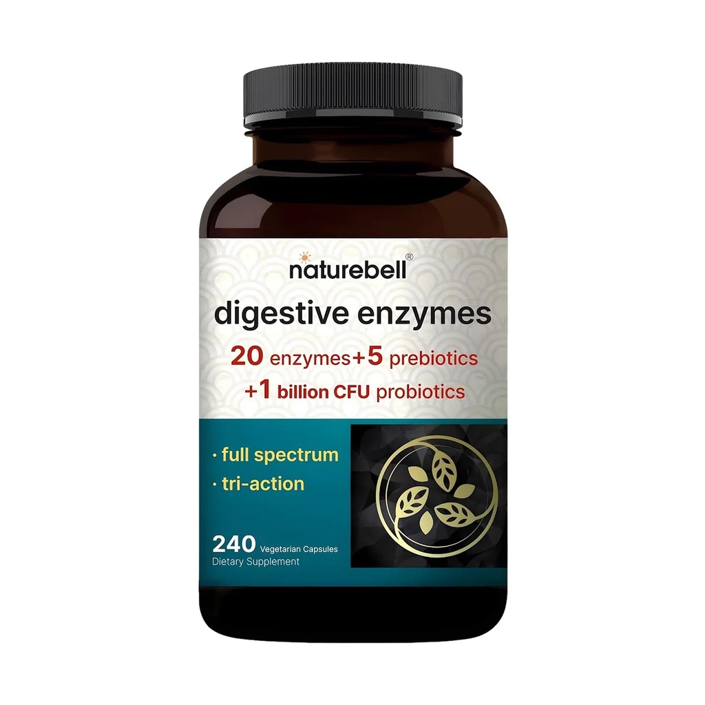 NatureBell Digestieve Enzymen - 240 Capsules - Gut & Digestieve Health Support Supplement* - met 20 Enzymen, 5 Prebiotica & 10-Strand Probiotische Blend