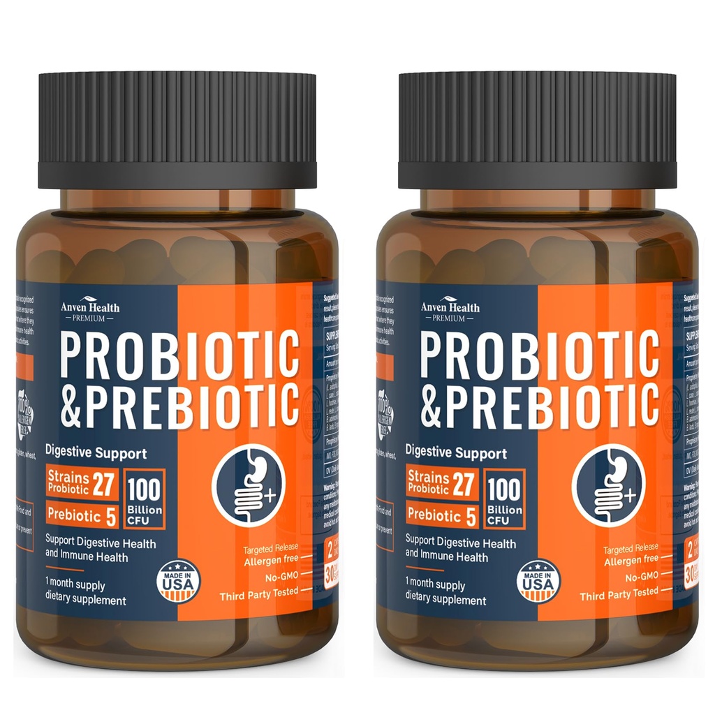100 Billion Probiotics for Men and Women 27 Strains 5 Organic Prebiotics for Gut Digestive & Immune Health, Supports Diarrhea Gas Bloating, Non-GMO, Zero Fillers – Made in USA丨120 Caps
