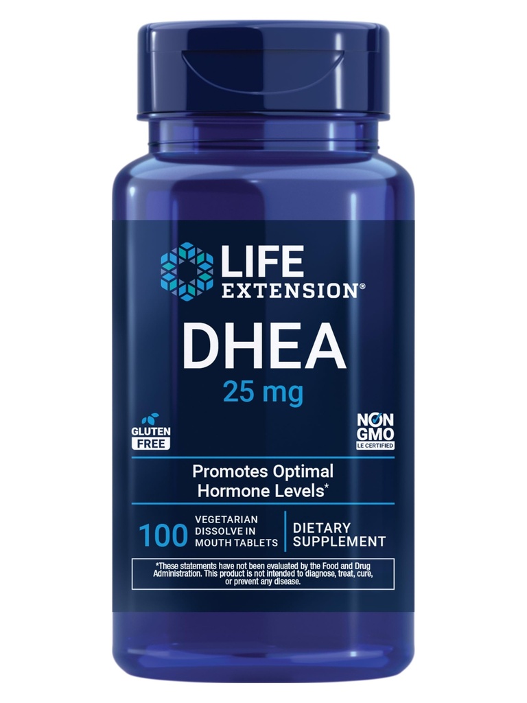 Levensverlengstuk DHEA 25 mg Hormone Balance Supplement, Geheugen, Spiergezondheid, Botgezondheid, Mannengezondheid, Vrouwen Gezondheid, Glutenvrij, Non-GMO, Vegetarisch, 100 Loss-in-Mouth Tablets
