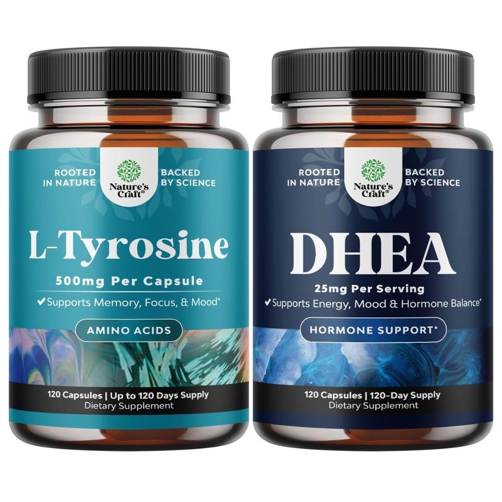 Bundle of Free Form L Tyrosine 500mg Capsules - High Strength L-Tyrosine Supplement for Mental Energy and DHEA Supplement - Pure DHEA 25mg for Hormone Balance Improves Mood Stability Immune System