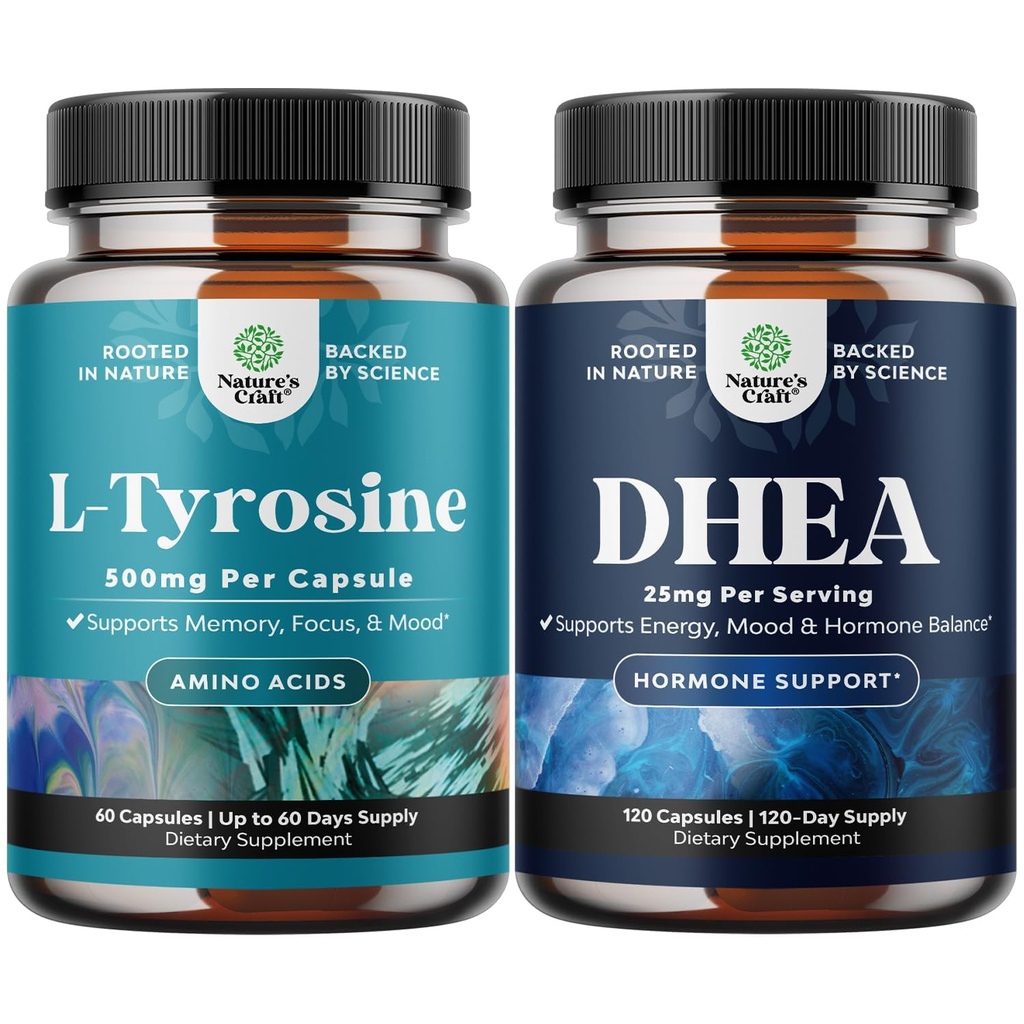 Bundel van vrije vorm L Tyrosine 500 mg Capsules voor geestelijke energie & Focus Support - Amino Acid Nootropic en DHEA Supplement - Pure DHEA 25 mg voor Hormone Balance verbetert Mood Stability Immune System