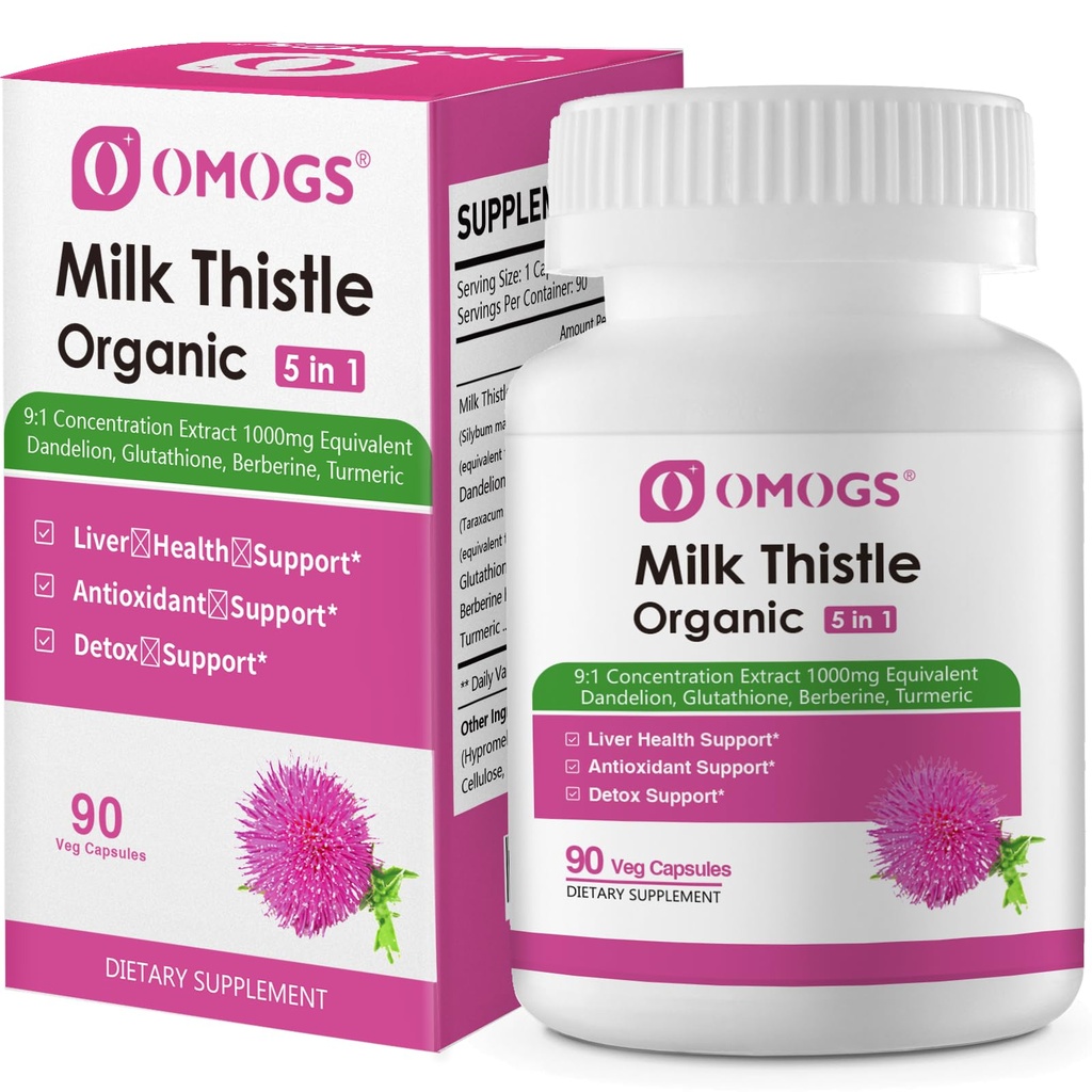 OMOGS Biologische Melkdistel, Herbal Lever Ondersteuning Melkdistel Supplement, met Dandelion Root, Glutathion, Berberine HCL &Turmeric, Ondersteuning Lever Reiniging Detox & Reparatie, 90 Capsules