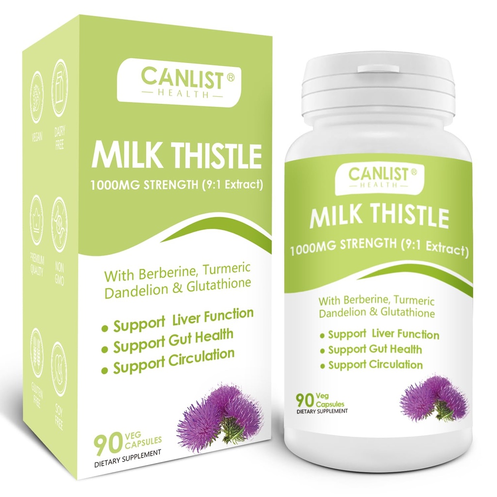 CANLIST Milk Thistle Capsules 1000mg, Potent 9:1 Extract, Levergezondheidsondersteuning, Detox & Cleanse, Antioxidant & Gut Health, Non-GMO, Glutenvrij, 90 Capsules