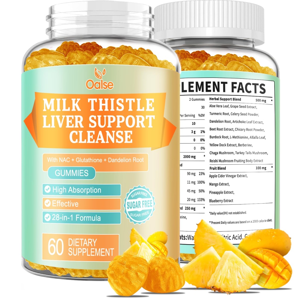 Leverreiniging Detox & Repair 2000 Mg Melkdistel Gummies - Mango Ananas - met NAC, Glutathion, Dandelion Root, Aloë Vera Leaf, enz., Glutenvrije, 60 Tellen