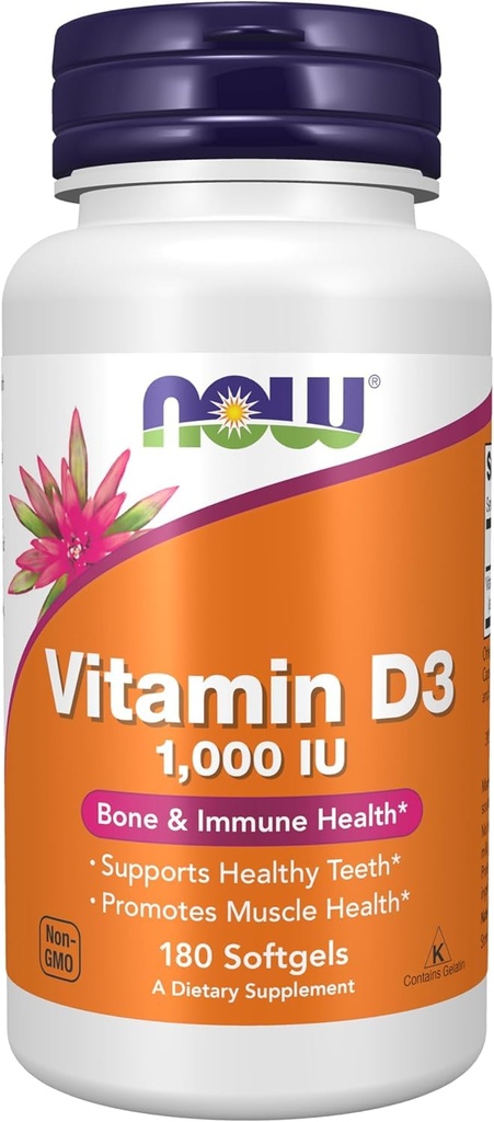 NU Voedingsmiddelen, Vitamine D-3, Hoge Potentie, 1000 IE, 180 Softgels